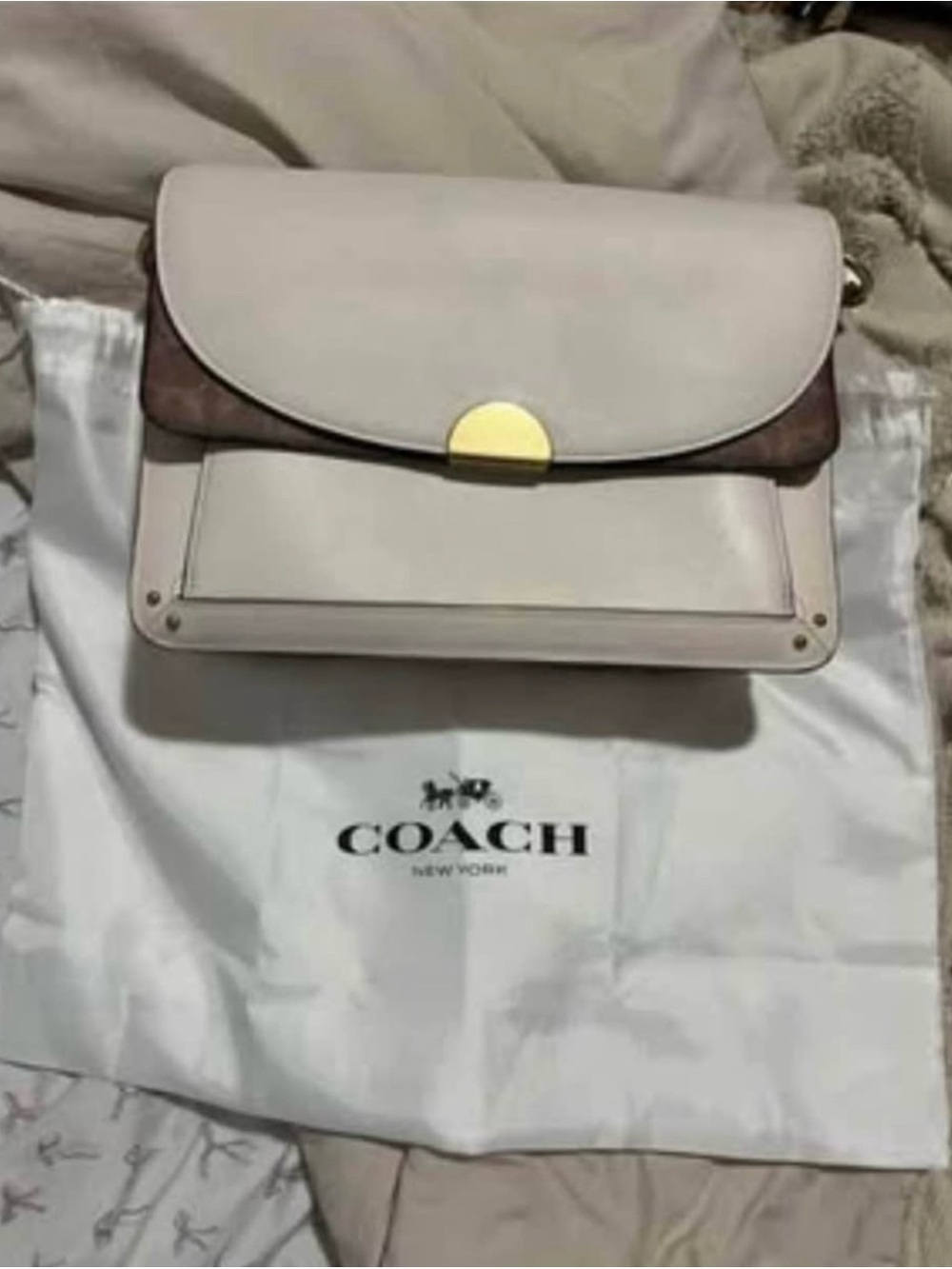 Coach Two-Tone Crossbody Bag in Cream and Brown with Gold Accent